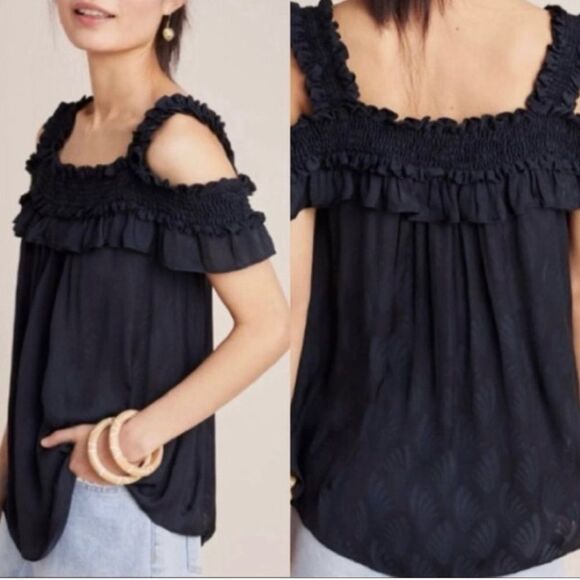 Anthropologie Black Leaf Print Finn Open Shoulder Ruffle Smocked Blouse S NWT - Picture 3 of 12